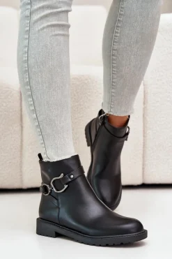 Ocieplane Botki Na Płaskim Obcasie Z Ozdobnym Paskiem Czarne Calzina