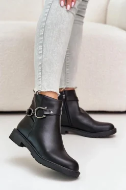 Ocieplane Botki Na Płaskim Obcasie Z Ozdobnym Paskiem Czarne Calzina