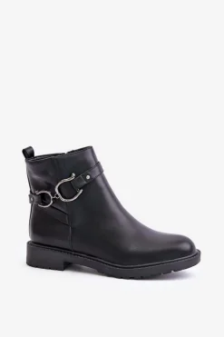 Ocieplane Botki Na Płaskim Obcasie Z Ozdobnym Paskiem Czarne Calzina