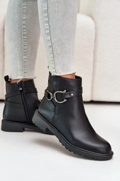 Ocieplane Botki Na Płaskim Obcasie Z Ozdobnym Paskiem Czarne Calzina