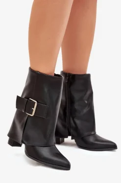 Ocieplane Botki Na Słupku Z Wywiniętą Cholewką I Złotą Klamrą Czarne Ylenara