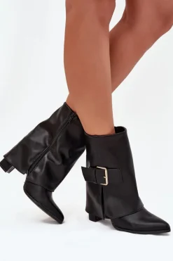 Ocieplane Botki Na Słupku Z Wywiniętą Cholewką I Złotą Klamrą Czarne Ylenara
