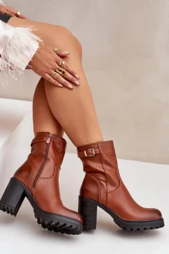 Ocieplane Botki Na Słupku Z Klamrą Brązowe Selavia