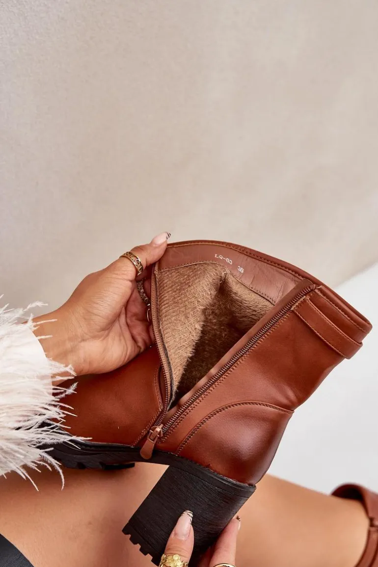 Ocieplane Botki Na Słupku Z Klamrą Brązowe Selavia