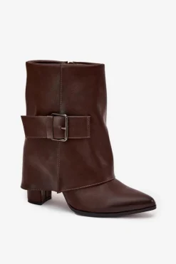 Ocieplane Botki Na Słupku Z Wywiniętą Cholewką I Klamrą Brązowe Ylenara