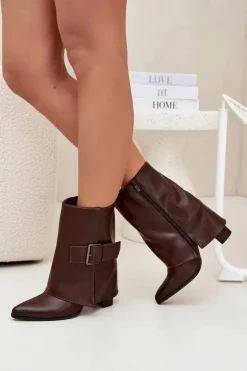Ocieplane Botki Na Słupku Z Wywiniętą Cholewką I Klamrą Brązowe Ylenara