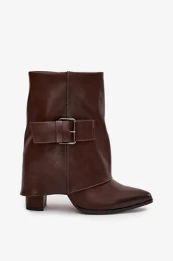 Ocieplane Botki Na Słupku Z Wywiniętą Cholewką I Klamrą Brązowe Ylenara