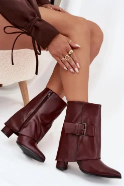 Ocieplane Botki Na Słupku Z Wywiniętą Cholewką I Klamrą Bordowe Ylenara