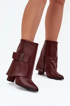 Ocieplane Botki Na Słupku Z Wywiniętą Cholewką I Klamrą Bordowe Ylenara