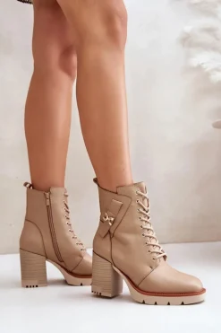 Ocieplane Botki Na Słupku Ze Złotym Detalem Beżowe Ivarisse