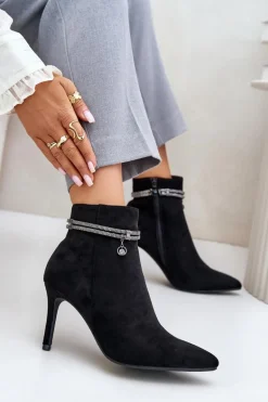 Ocieplane Botki Na Szpilce Z Ozdobnym Paskiem Eko Zamszowe Vinceza 16469 Czarne