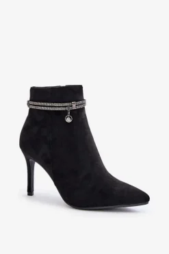 Ocieplane Botki Na Szpilce Z Ozdobnym Paskiem Eko Zamszowe Vinceza 16469 Czarne