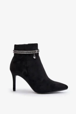 Ocieplane Botki Na Szpilce Z Ozdobnym Paskiem Eko Zamszowe Vinceza 16469 Czarne