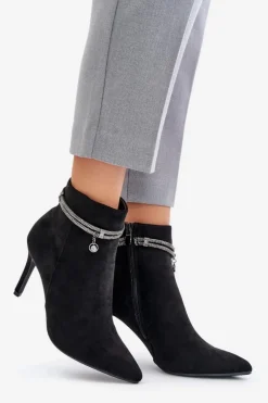 Ocieplane Botki Na Szpilce Z Ozdobnym Paskiem Eko Zamszowe Vinceza 16469 Czarne