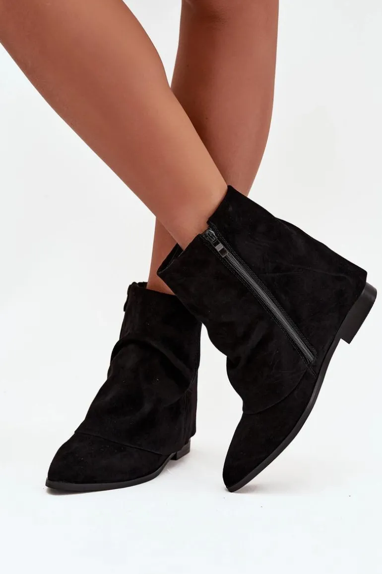 Ocieplane Botki Na Ukrytym Koturnie Z Wywiniętą Cholewką Eko Zamszowe Czarne Tavella