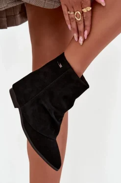 Ocieplane Botki Na Ukrytym Koturnie Z Wywiniętą Cholewką Eko Zamszowe Czarne Tavella