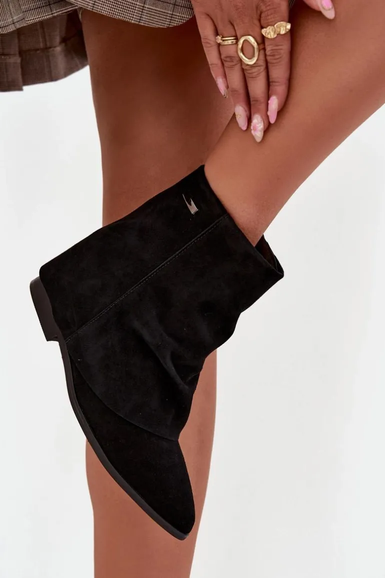 Ocieplane Botki Na Ukrytym Koturnie Z Wywiniętą Cholewką Eko Zamszowe Czarne Tavella