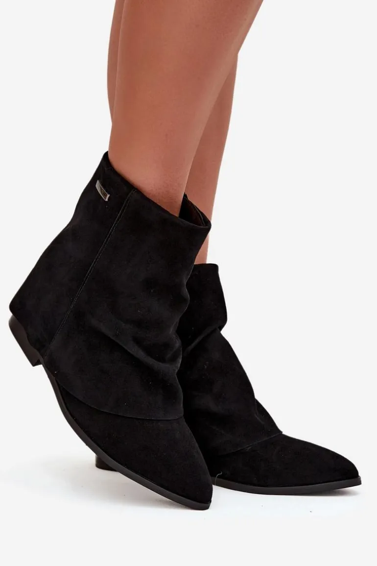 Ocieplane Botki Na Ukrytym Koturnie Z Wywiniętą Cholewką Eko Zamszowe Czarne Tavella