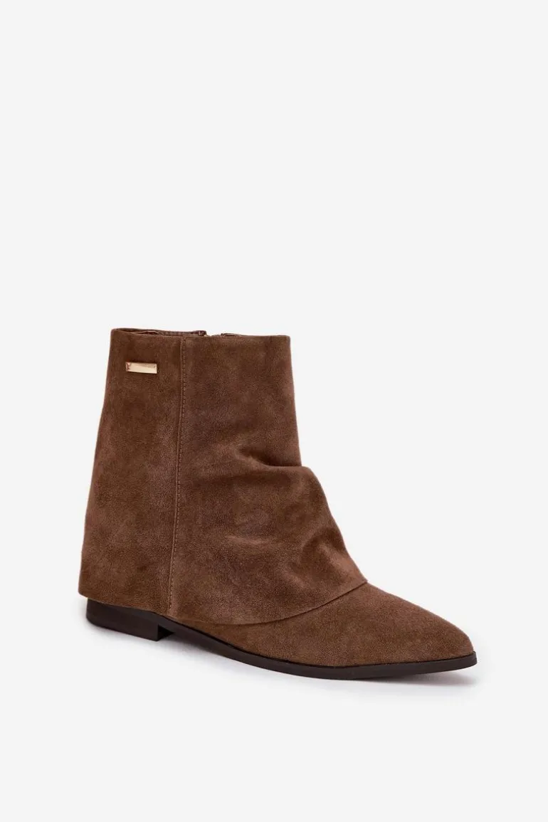 Ocieplane Botki Na Ukrytym Koturnie Z Wywiniętą Cholewką Eko Zamszowe Brązowe Tavella