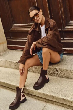 Ocieplane Botki Sztyblety Damskie Ze Złotym Detalem W Łaty Brązowe Priscilla