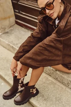 Ocieplane Botki Sztyblety Damskie Ze Złotym Detalem W Łaty Brązowe Priscilla