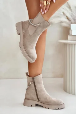 Ocieplane Botki Sztyblety Na Zamek Z Ozdobnym Paskiem Beżowe Labenne
