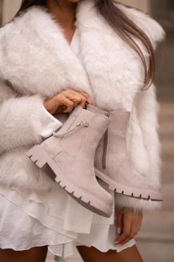 Ocieplane Botki Sztyblety Na Zamek Z Ozdobnym Paskiem Beżowe Labenne