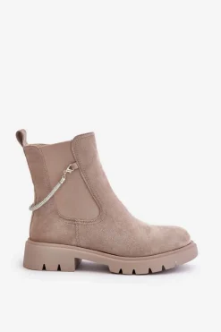 Ocieplane Botki Sztyblety Na Zamek Z Ozdobnym Paskiem Beżowe Labenne