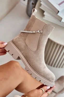 Ocieplane Botki Sztyblety Na Zamek Z Ozdobnym Paskiem Beżowe Labenne