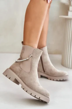 Ocieplane Botki Sztyblety Na Zamek Z Ozdobnym Paskiem Beżowe Labenne