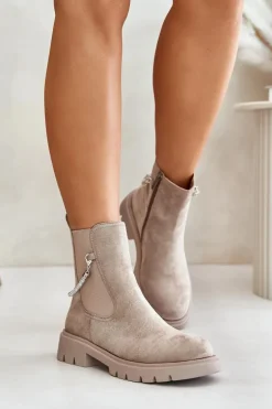 Ocieplane Botki Sztyblety Na Zamek Z Ozdobnym Paskiem Beżowe Labenne