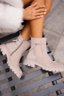 Ocieplane Botki Sztyblety Na Zamek Z Ozdobnym Paskiem Beżowe Labenne