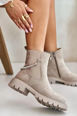 Ocieplane Botki Sztyblety Na Zamek Z Ozdobnym Paskiem Beżowe Labenne