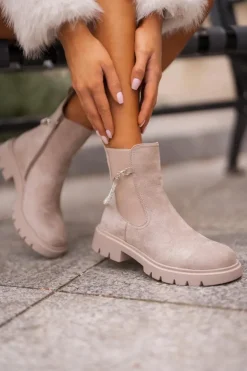 Ocieplane Botki Sztyblety Na Zamek Z Ozdobnym Paskiem Beżowe Labenne