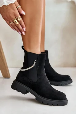 Ocieplane Botki Sztyblety Na Zamek Z Ozdobnym Paskiem Czarne Labenne