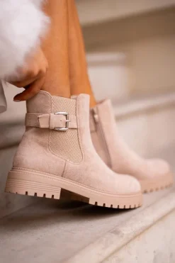 Ocieplane Botki Sztyblety Na Zamek Z Klamrą Beżowe Kikiella