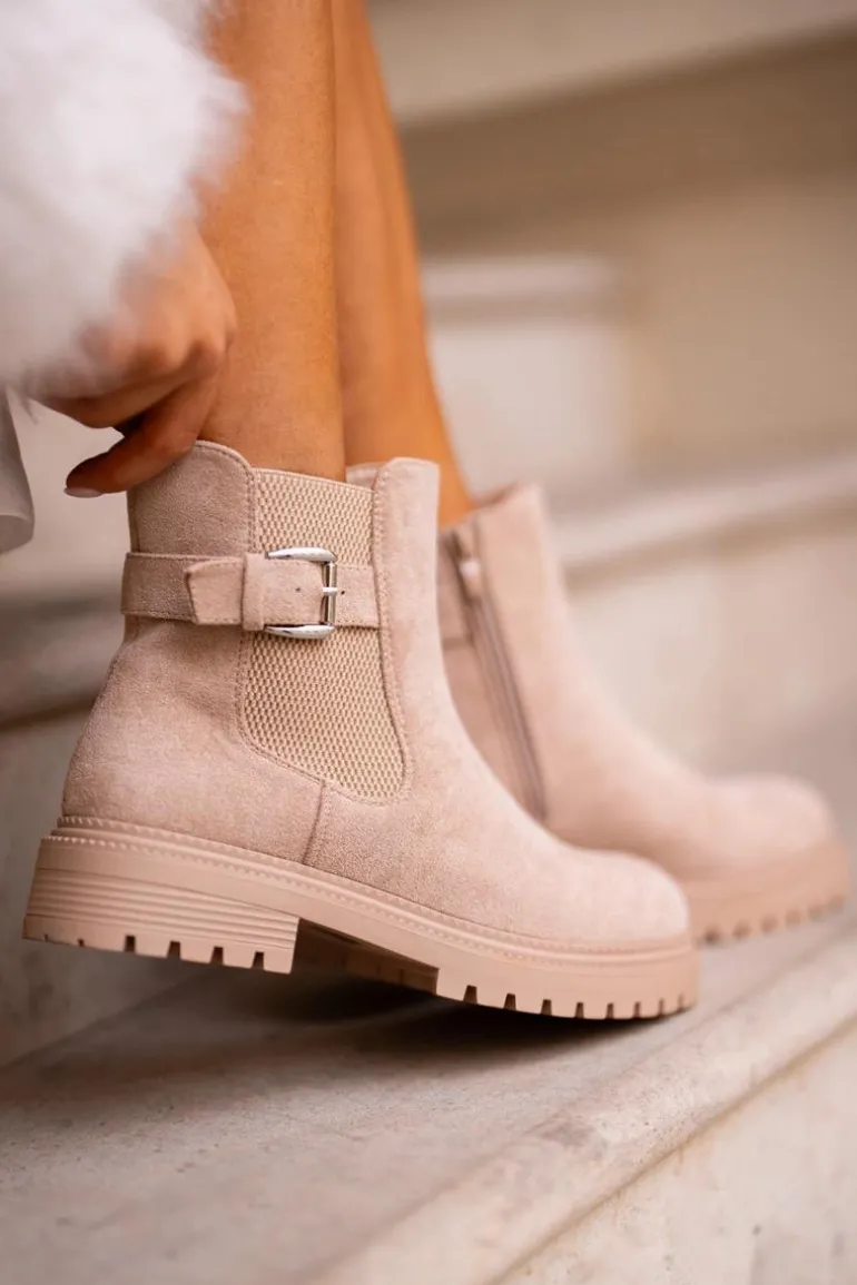 Ocieplane Botki Sztyblety Na Zamek Z Klamrą Beżowe Kikiella