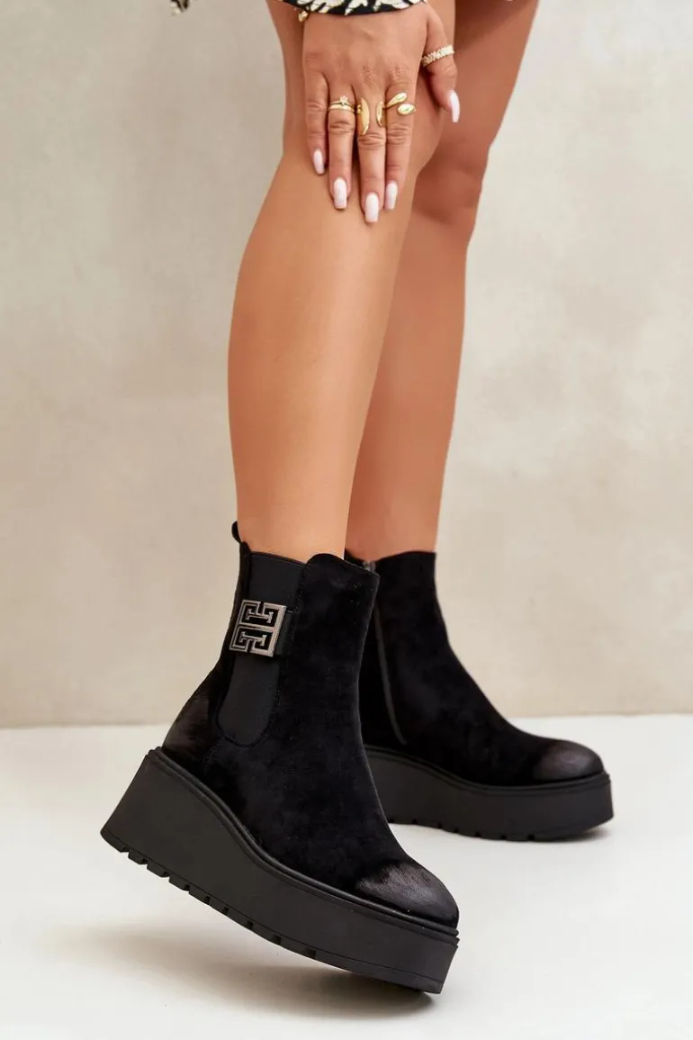 Ocieplane Botki Sztyblety Damskie Na Koturnie I Platformie Z Eko Zamszu Czarne Vinceza 58339