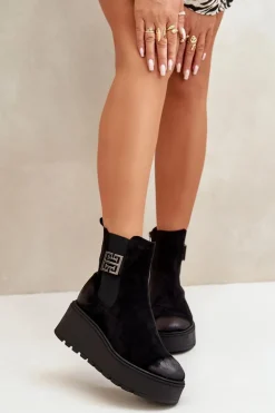 Ocieplane Botki Sztyblety Damskie Na Koturnie I Platformie Z Eko Zamszu Czarne Vinceza 58339