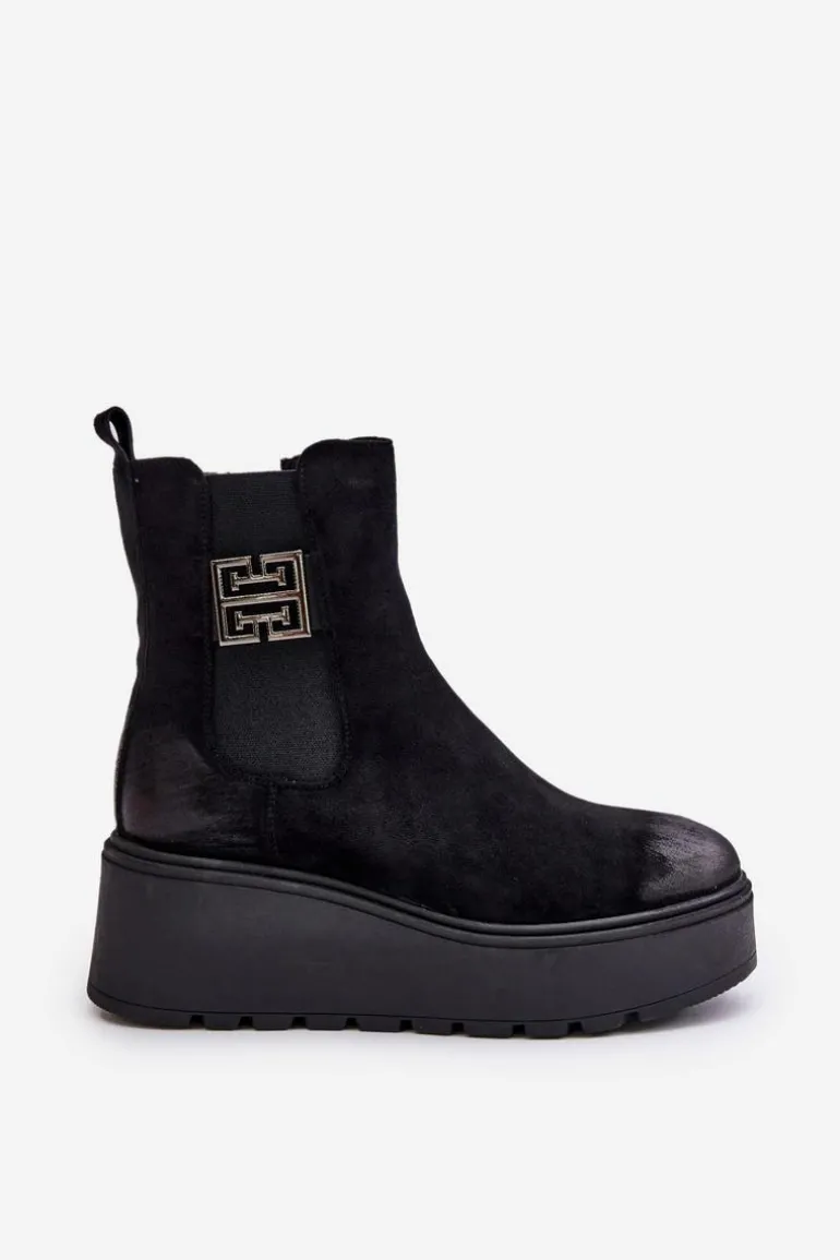 Ocieplane Botki Sztyblety Damskie Na Koturnie I Platformie Z Eko Zamszu Czarne Vinceza 58339