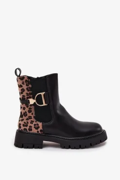 Ocieplane Botki Sztyblety Damskie Ze Złotym Detalem Panterka Czarne Priscilla
