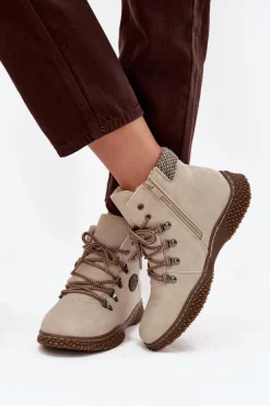 Ocieplane Botki Trapery Damskie Jasnobeżowe Zenaya