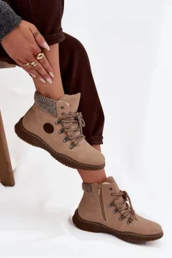 Ocieplane Botki Trapery Damskie Beżowe Zenaya