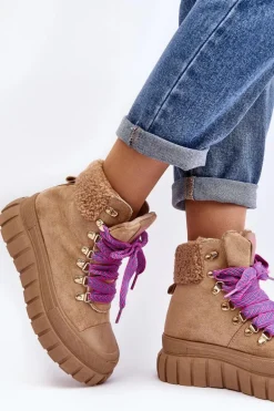 Ocieplane Botki Trapery Na Grubej Podeszwie Brązowe Ralotta