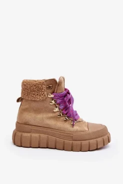 Ocieplane Botki Trapery Na Grubej Podeszwie Brązowe Ralotta