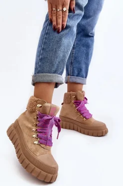 Ocieplane Botki Trapery Na Grubej Podeszwie Brązowe Ralotta