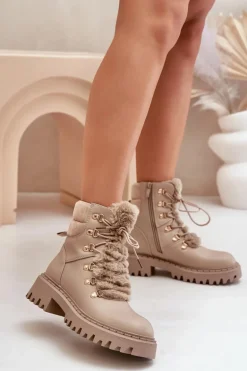 Ocieplane Botki Trapery Na Zamek Z Eko Skóry Beżowe Willatta