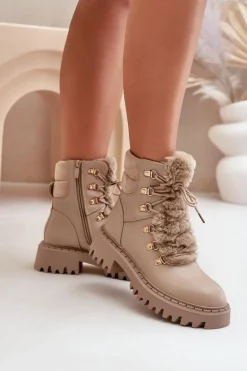 Ocieplane Botki Trapery Na Zamek Z Eko Skóry Beżowe Willatta