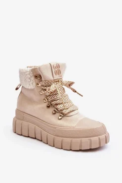 Ocieplane Botki Trapery Na Grubej Podeszwie Jasnobeżowe Ralotta