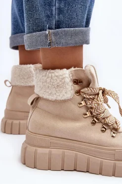 Ocieplane Botki Trapery Na Grubej Podeszwie Jasnobeżowe Ralotta